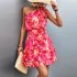 Women Summer One Shoulder Dress Bohemian Floral Printing Elastic Waist A Line Skirt Casual Lace up Short Dress rose red XL