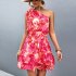 Women Summer One Shoulder Dress Bohemian Floral Printing Elastic Waist A Line Skirt Casual Lace up Short Dress rose red XL