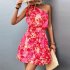 Women Summer One Shoulder Dress Bohemian Floral Printing Elastic Waist A Line Skirt Casual Lace up Short Dress rose red XL