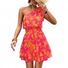 Women Summer One Shoulder Dress Bohemian Floral Printing Elastic Waist A Line Skirt Casual Lace-up Short Dress orange S