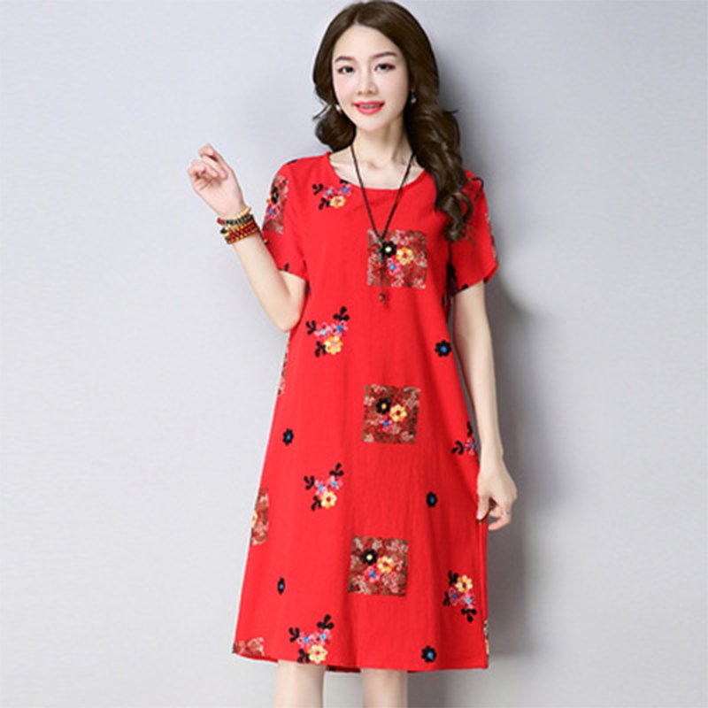 Women Summer Plus-size Dresses Short Sleeves Slim Fit Fashion Print A-line Dresses red_2XL