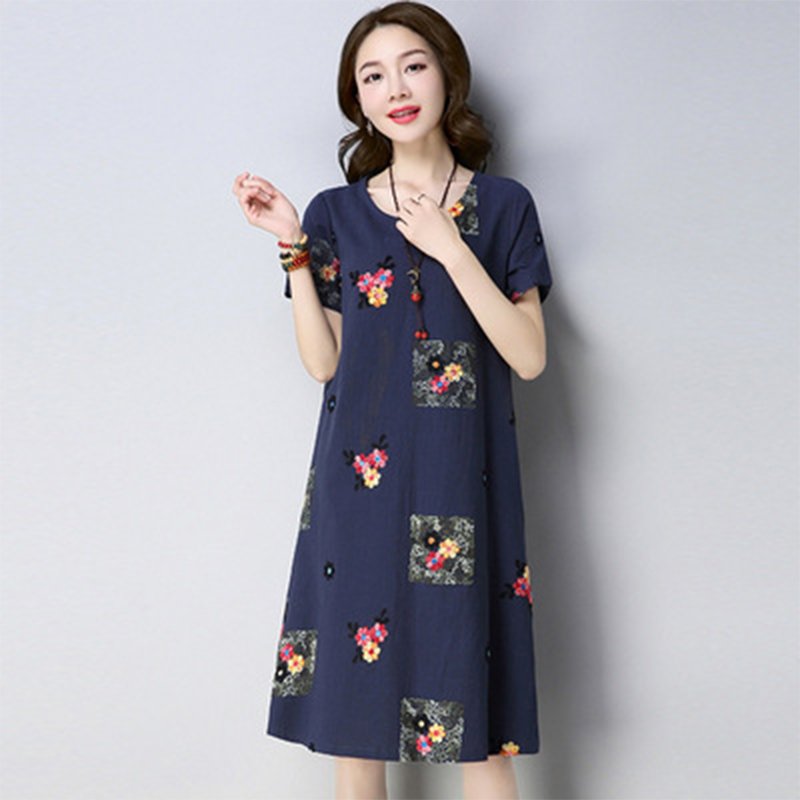Women Summer Plus-size Dresses Short Sleeves Slim Fit Fashion Print A-line Dresses Navy_XL