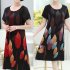 Women Summer Printed Dress Chinese Style Layered Design Round Neck Short Sleeve Loose A line Dress red L