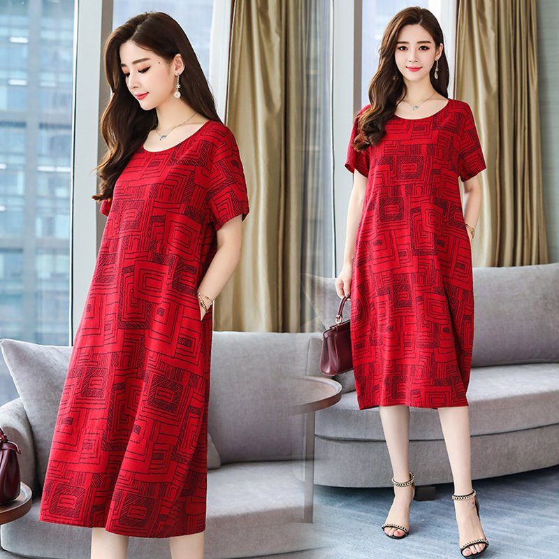 Women Summer Round Collar Loose Short Sleeve Printing Dress red_M