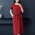 Women Summer Round Neck Short Sleeves Dress With Pocket Elegant Lace up Solid Color Large Size Midi Skirt red 4XL
