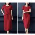 Women Summer Round Neck Short Sleeves Dress With Pocket Elegant Lace up Solid Color Large Size Midi Skirt red 4XL