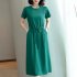 Women Summer Round Neck Short Sleeves Dress With Pocket Elegant Lace up Solid Color Large Size Midi Skirt red 4XL