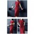 Women Summer Round Neck Short Sleeves Dress With Pocket Elegant Lace up Solid Color Large Size Midi Skirt red 4XL