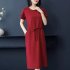 Women Summer Round Neck Short Sleeves Dress With Pocket Elegant Lace up Solid Color Large Size Midi Skirt red 3XL