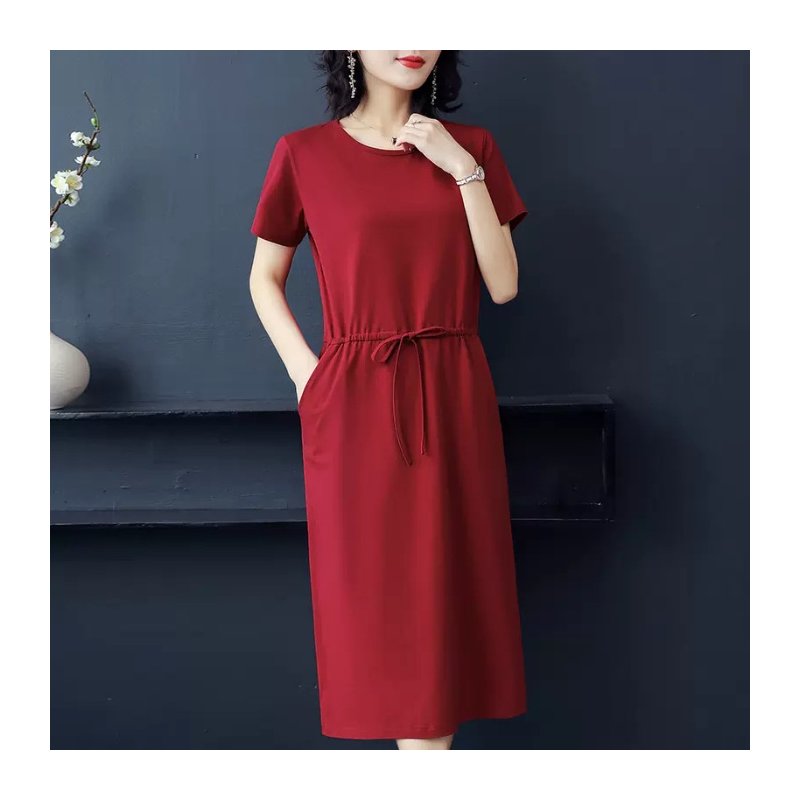 Women Summer Round Neck Short Sleeves Dress With Pocket Elegant Lace-up Solid Color Large Size Midi Skirt red 3XL