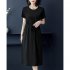 Women Summer Round Neck Short Sleeves Dress With Pocket Elegant Lace up Solid Color Large Size Midi Skirt red 3XL