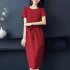 Women Summer Round Neck Short Sleeves Dress With Pocket Elegant Lace up Solid Color Large Size Midi Skirt red 4XL