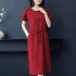 Women Summer Round Neck Short Sleeves Dress With Pocket Elegant Lace up Solid Color Large Size Midi Skirt red 3XL