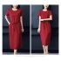 Women Summer Round Neck Short Sleeves Dress With Pocket Elegant Lace up Solid Color Large Size Midi Skirt red 3XL