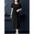 Women Summer Round Neck Short Sleeves Dress With Pocket Elegant Lace up Solid Color Large Size Midi Skirt green 2XL