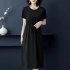 Women Summer Round Neck Short Sleeves Dress With Pocket Elegant Lace up Solid Color Large Size Midi Skirt green 2XL