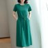 Women Summer Round Neck Short Sleeves Dress With Pocket Elegant Lace up Solid Color Large Size Midi Skirt green 2XL