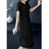 Women Summer Round Neck Short Sleeves Dress With Pocket Elegant Lace up Solid Color Large Size Midi Skirt green 5XL