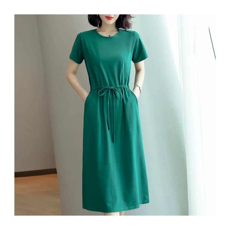 Women Summer Round Neck Short Sleeves Dress With Pocket Elegant Lace-up Solid Color Large Size Midi Skirt green 5XL