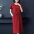 Women Summer Round Neck Short Sleeves Dress With Pocket Elegant Lace up Solid Color Large Size Midi Skirt green 5XL