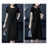 Women Summer Round Neck Short Sleeves Dress With Pocket Elegant Lace up Solid Color Large Size Midi Skirt black L