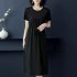 Women Summer Round Neck Short Sleeves Dress With Pocket Elegant Lace up Solid Color Large Size Midi Skirt black L