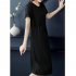 Women Summer Round Neck Short Sleeves Dress With Pocket Elegant Lace up Solid Color Large Size Midi Skirt black 5XL