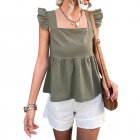 Women Summer Ruffle Hem Tank Tops Solid Color Sleeveless Square Neck Slim Fitted Camisoles Crop Top Shirt