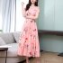 Women Summer Short Sleeve Dress High Waist Ice Silk A line Skirt Trendy Slimming Long Dress apricot XL