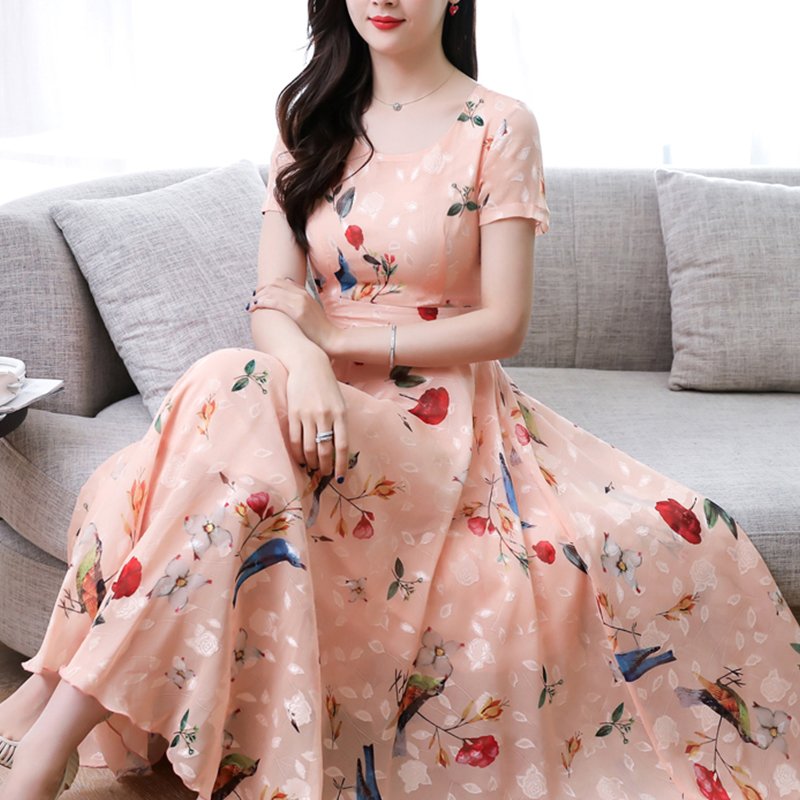 Women Summer Short Sleeve Dress High Waist Ice Silk A-line Skirt Trendy Slimming Long Dress apricot XL