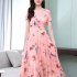 Women Summer Short Sleeve Dress High Waist Ice Silk A line Skirt Trendy Slimming Long Dress apricot XL