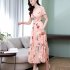 Women Summer Short Sleeve Dress High Waist Ice Silk A line Skirt Trendy Slimming Long Dress apricot XL