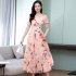 Women Summer Short Sleeve Dress High Waist Ice Silk A line Skirt Trendy Slimming Long Dress apricot XL