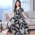 Women Summer Short Sleeve Fashion Printed Long Waisted Dress black white flower L