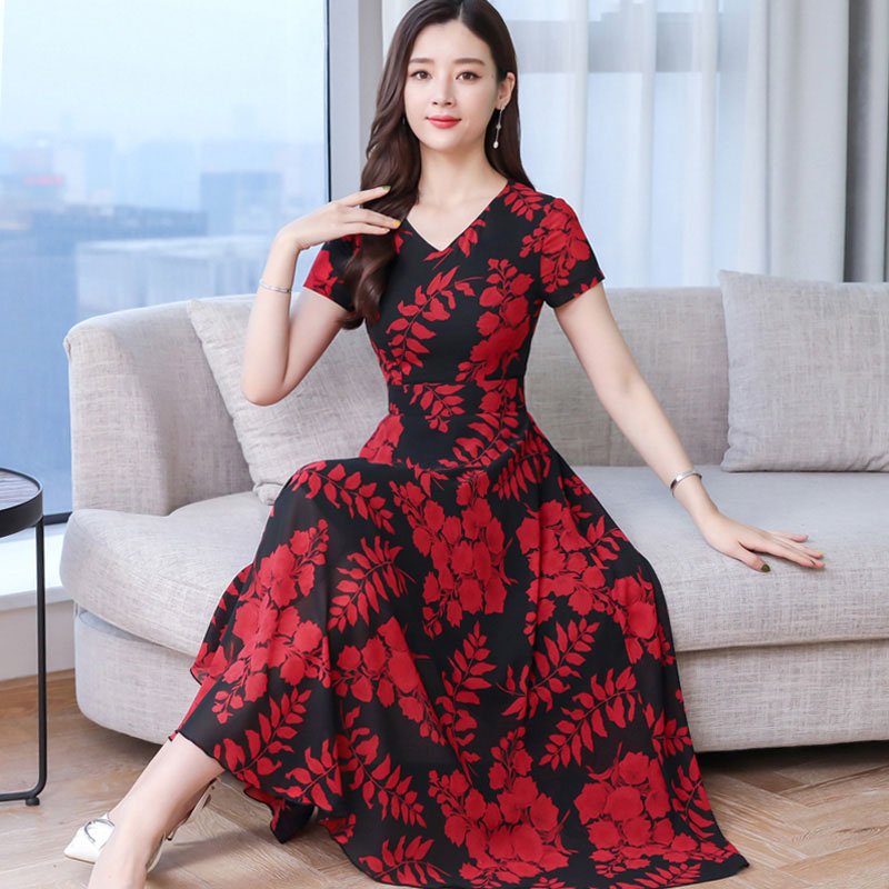 Women Summer Short Sleeve Fashion Printed Long Waisted Dress Red black flower_L