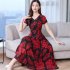 Women Summer Short Sleeve Fashion Printed Long Waisted Dress Red black flower L