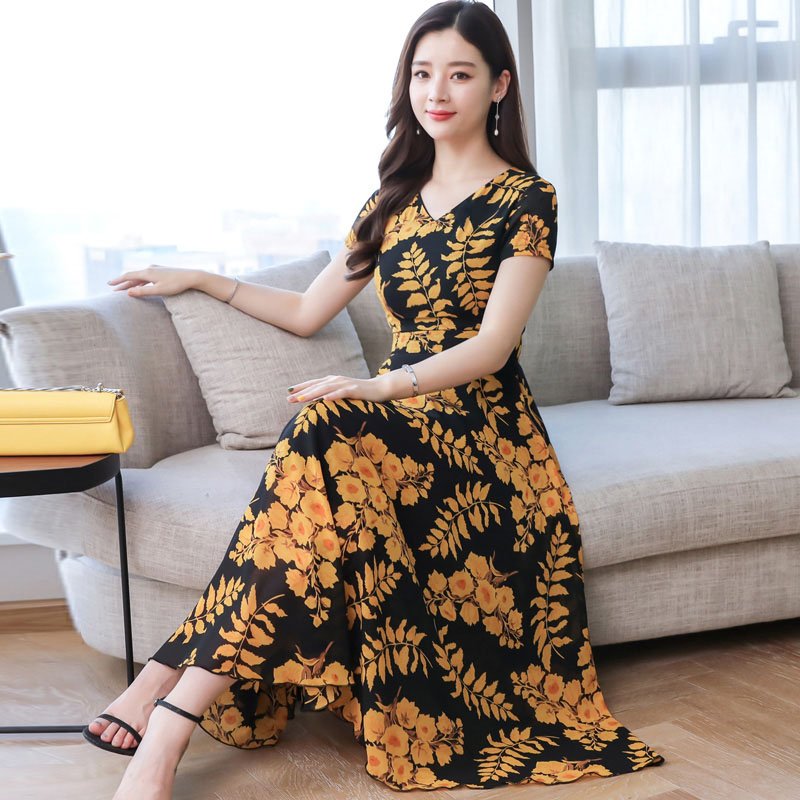 Women Summer Short Sleeve Fashion Printed Long Waisted Dress yellow black flower_XL
