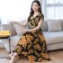 Women Summer Short Sleeve Fashion Printed Long Waisted Dress yellow black flower XL