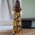 Women Summer Short Sleeve Fashion Printed Long Waisted Dress yellow black flower XL