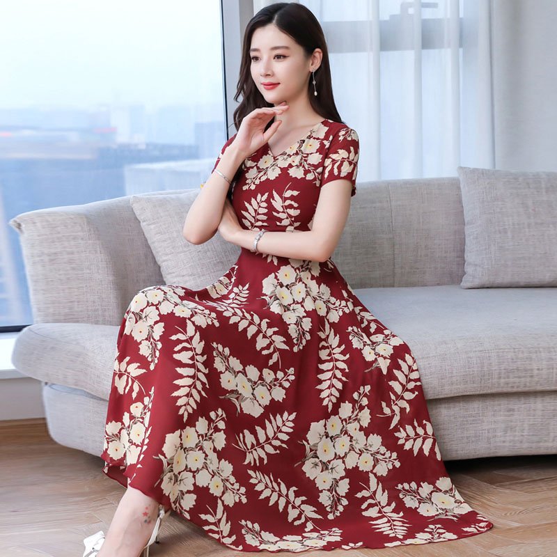 Women Summer Short Sleeve Fashion Printed Long Waisted Dress Red apricot flower_XL