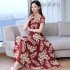 Women Summer Short Sleeve Fashion Printed Long Waisted Dress Red apricot flower XL