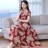 Women Summer Short Sleeve Fashion Printed Long Waisted Dress Red apricot flower XXXL