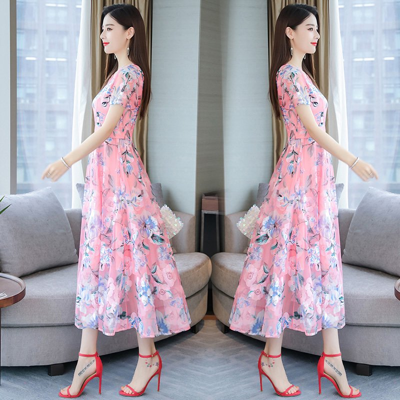 Women Summer Short Sleeve Flower Pattern Casual Long Dress Pink_M