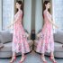 Women Summer Short Sleeve Flower Pattern Casual Long Dress Pink M