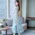 Women Summer Short Sleeve Flower Pattern Casual Long Dress Light blue L