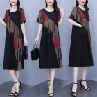 Women Summer Short Sleeves Dress Retro Printing Round Neck Pullover A-line Skirt Loose Large Size Dress red M
