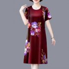 Women Summer Short Sleeves Dress Retro Printing Round Neck Pullover A-line Skirt Large Size Midi Skirt red XL