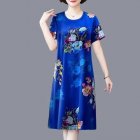 Women Summer Short Sleeves Dress Retro Printing Round Neck Pullover A-line Skirt Large Size Midi Skirt blue 2XL