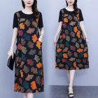 Women Summer Short Sleeves Dress Fashion Printing Round Neck A-line Skirt Loose Large Size Casual Dress black XXXL