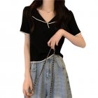 Women Summer Short Sleeves T-shirt Elegant Lapel Blouse Slim Fit Pullover Knitted Tops Black one size